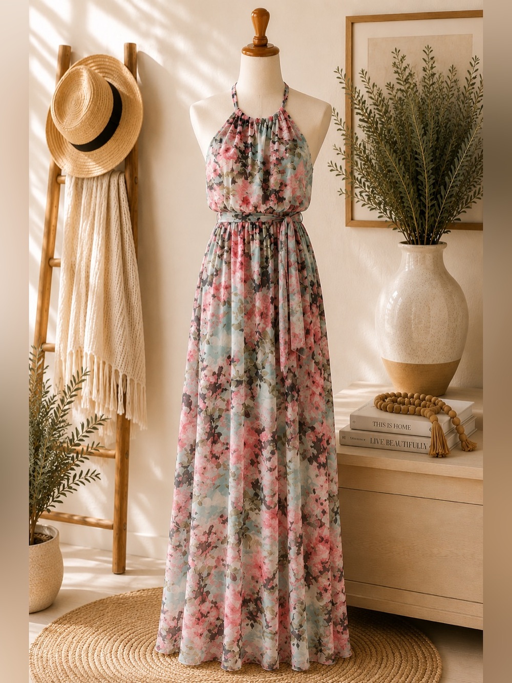 Jessica Simpson Floral Maxi Dress Size 8 Halter Resort Wear Flowing-EUC